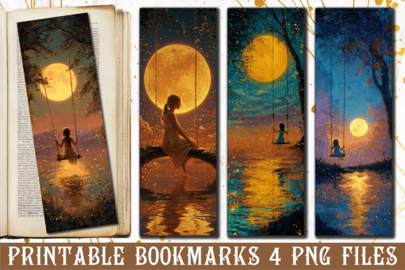 Charming Girl on Swing Golden Moon Bookmark PNG