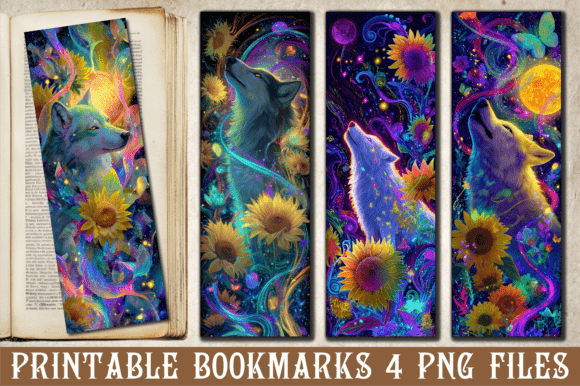Cosmic Galaxy Sunflower Wolf Bookmark