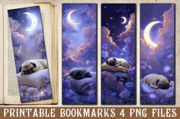 Cute Sleeping Pug Night Moon Bookmark