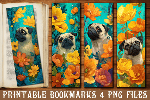 Vintage Floral Pug Dog Art Bookmark